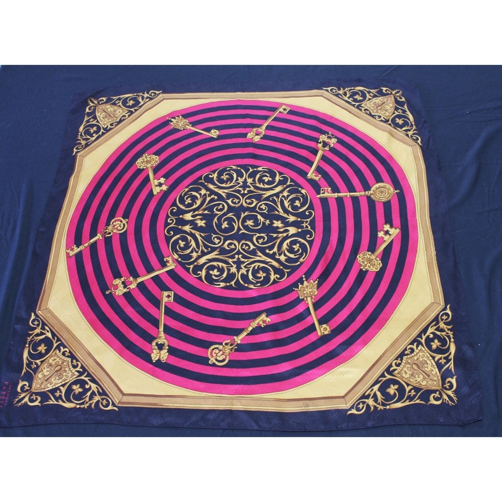 Adrianna Papell Vintage Silk Scarf Keys Scroll Print Pink Black Gold 34.5"